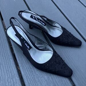 Black beaded embroidered pointed toe mid slingback heels, Y2K whimsigoth prom